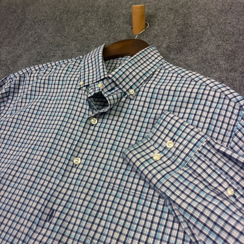 Peter Millar Shirt Mens L Blue Plaid Summer Comfort Stretch Button Down Long Slv